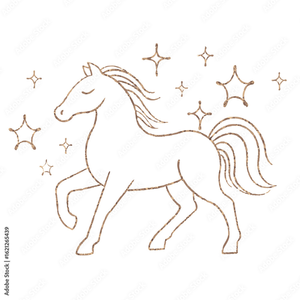 Fototapeta premium Golden outline of a walking horse surrounded by stars on a dark background. A dreamy, magical design perfect for holiday cards, zodiac signs, fantasy decor, and elegant branding. Vector format.