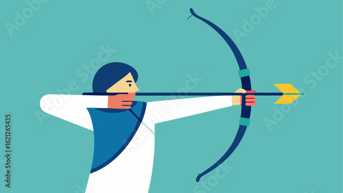 Archery A focused archer aiming at a target with a specialized bow standing on a range with a determined look ready to release the arrow for precision.
