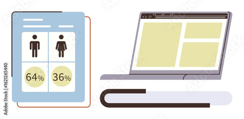 Statistical document showing gender-based percentages near laptop with open browser window. Ideal for research, analysis, workplace equality, education, digital presentations, demographic trends