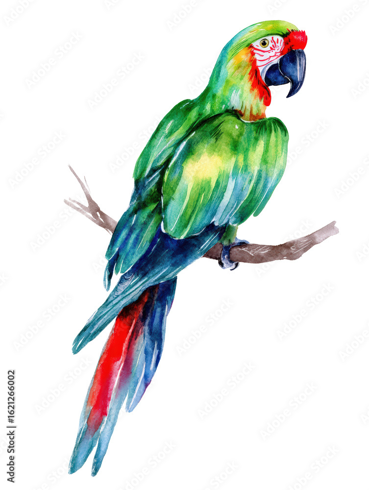 Fototapeta premium Watercolor animal illustration, colorful green macaw parrot with red and blue accents perched on a branch, isolated on transparent background