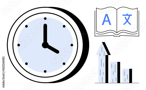 Large clock, open book with multilingual letters, and bar graph showing upward trend. Ideal for education, productivity, planning, growth, focus, strategy skill building simple landing page