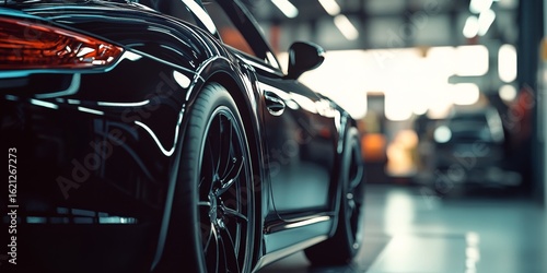 Vehicle parked in a garage with interior lighting highlighting its sleek design and luxury features.
