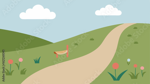 Accessible Pathway A wide smooth trail with a gentle slope lined with soft grass and wildflowers signifying easy access for wheelchairs and strollers.