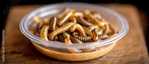 Closeup of Mealworms in a Plastic Bowl on Wooden Surface.
