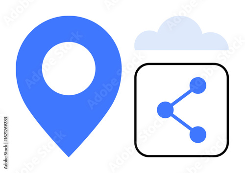 Blue location pin, sharing icon with dots and lines inside a square, cloud element in background. Ideal for navigation, sharing, connectivity, cloud storage, networking, collaboration simple landing