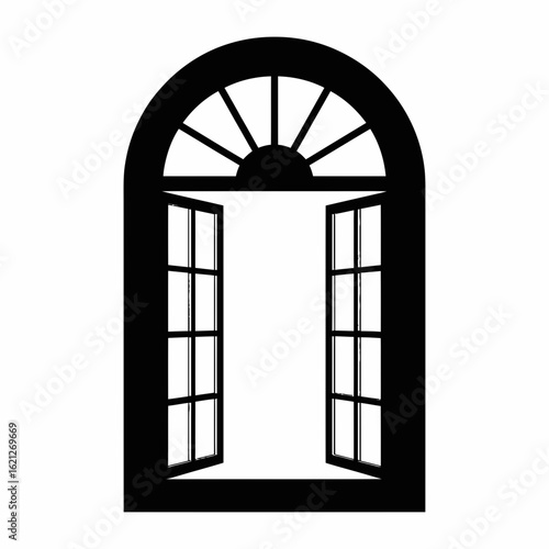 Open arched window silhouette with fanlight isolated on white background