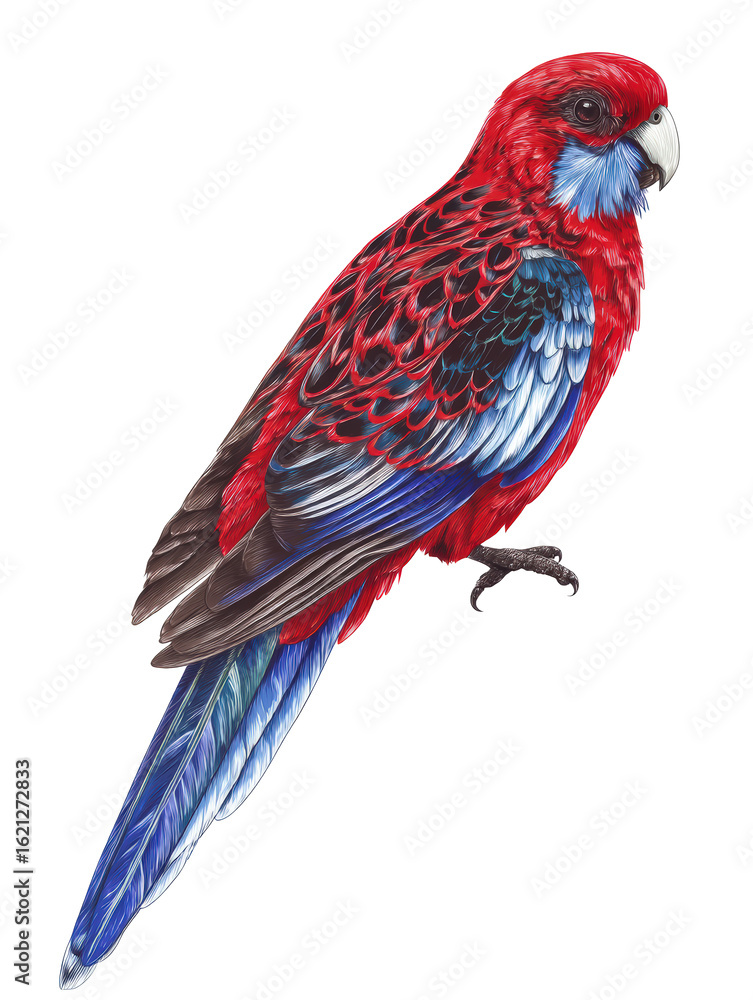 Obraz premium Watercolor animal illustration, crimson rosella parrot perched on a branch, isolated on transparent background