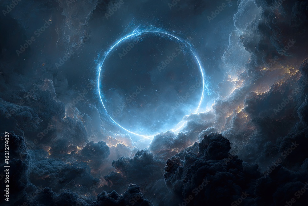 Fototapeta premium Glowing ring in stormy sky, cosmic scene, fantasy backdrop, digital art