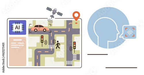 AI processor managing smart car, traffic sensors, pedestrian detection, satellite tracking, and voice recognition in urban grid. Ideal for technology, transportation, AI, automation innovation