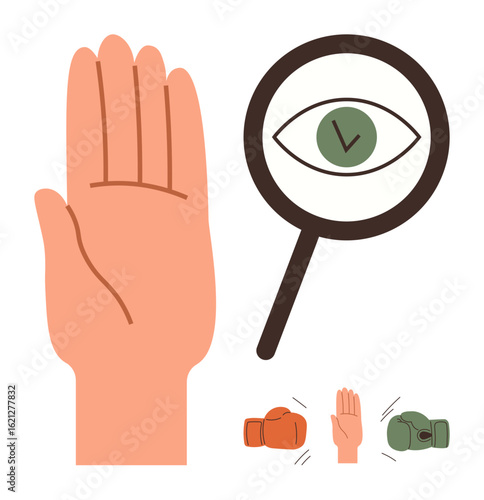 Open hand facing upward, magnifying glass with an eye, red and green boxing gloves. Ideal for analysis, evaluation, conflict resolution, observation, judgment decision-making balance. Simple flat