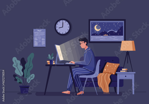 A man in pajamas works diligently on his laptop at a desk in a dimly lit room, illuminated by the screen's glow, with a clock showing late hours and a window...