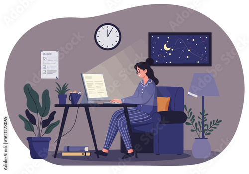 A young woman in pajamas works on her laptop at a desk in a dimly lit room, depicting late-night remote work or study.