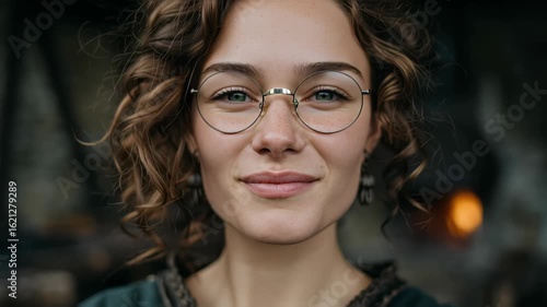 Smiling woman blacksmith with glasses in a medieval forge.