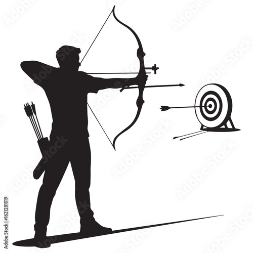 Silhouette of an archer aiming with bow and arrow at a target, showcasing the precision and skill involved in the sport, isolated on white background
