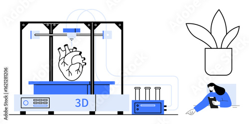 3D printer crafting a heart model, scientist with tablet observing nearby, decorative plant. Ideal for healthcare, innovation, biotechnology, education, research, technology simple landing page