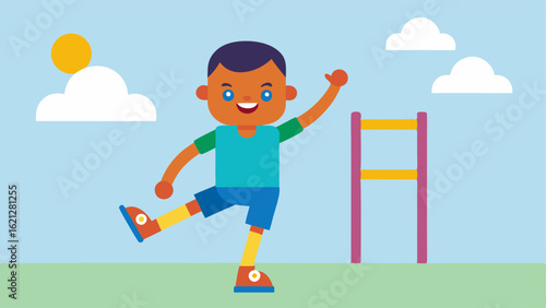 Child with Prosthetic Leg A cheerful child with a colorful prosthetic leg playing on a playground symbolizing the joy of active play and inclusion.