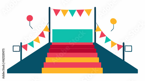 Accessible Stage Design A stage with a ramp leading up to it allowing easy access for attendees in wheelchairs decorated with colorful banners.