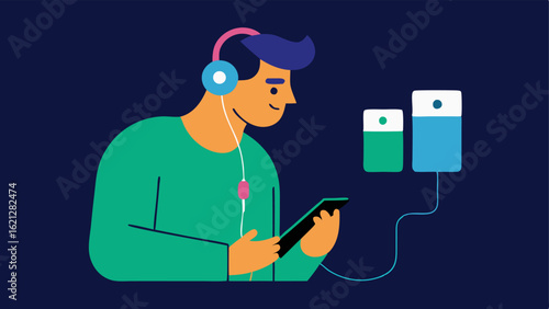 Customizable Earphones A musician wearing customizable earphones that change colors listening intently as they mix sounds using an adaptive music app on their device.