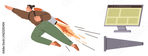 Person with a jetpack propelling forward, dynamic motion, web page display on a monitor. Ideal for innovation, business growth, ambition, technology, digital entrepreneurship, motivation simple flat