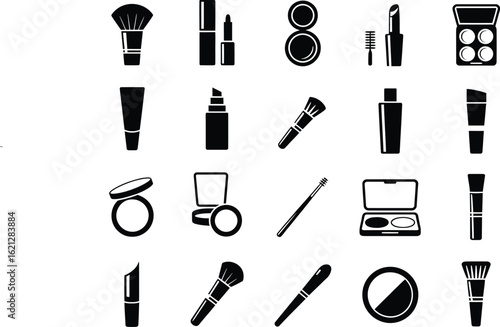 Collection of makeup and cosmetics icons in silhouette style