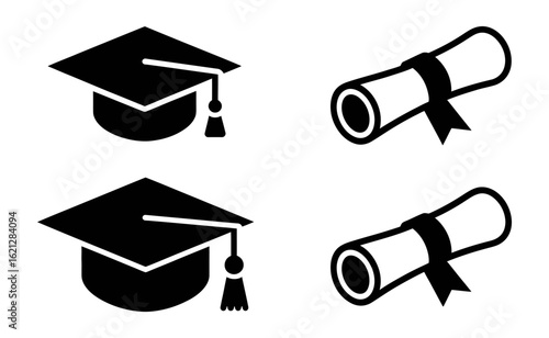 Set of graduation cap and diploma icons and silhouette vector