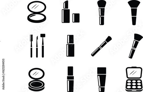 Collection of black and white cosmetic icons for beauty and makeup
