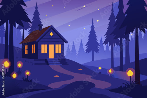 Winter night village with snow-covered houses, Christmas trees, and a full moon illuminating the cozy scene