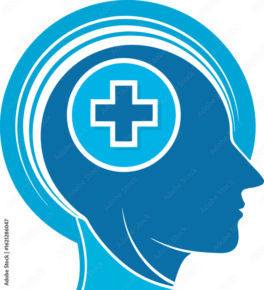A blue silhouette of a human head with a teal medical cross inside, isolated on a clean white background. A blue silhouette of a human head with a teal medical cross inside, isolated on a clean white background.