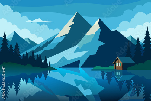 Winter mountain landscape with snow-covered peaks, a frozen lake, and a quaint forest chalet under a clear sky