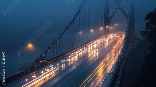Highway bridge at dusk with car lights in the fog.