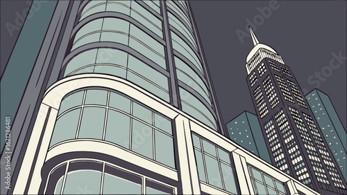 Urban cityscape illustration featuring modern skyscrapers and iconic architecture, isolated on white background, capturing the essence of city life and business