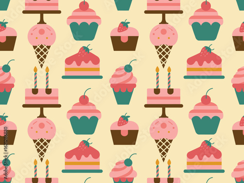 Vector art of seamless pattern with cupcakes, ice cream cones, and cake slices for birthday celebration, party, or dessert background