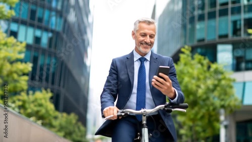 Smiling Businessman in Dark Blue Suit Riding a Bicycle While Using Smartphone With Skyscrapers and Green Trees in an Urban Setting