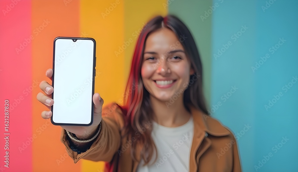 Naklejka premium happy woman holding smartphone with blank screen on colorful background