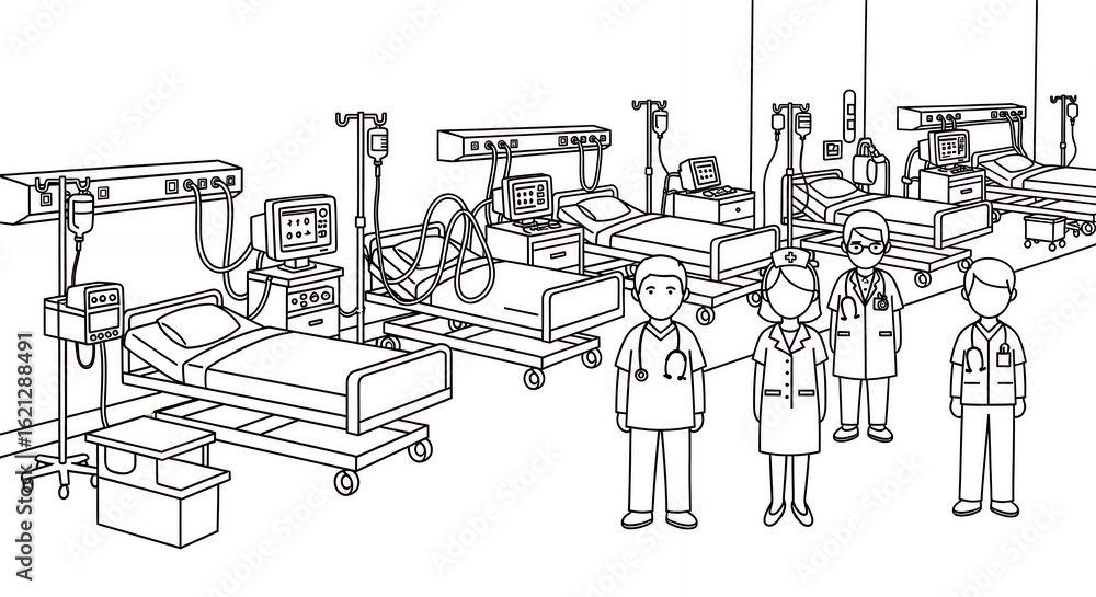 Fototapeta premium Detailed Black and White Hand Drawn Illustration of a Hospital Ward with Beds Medical Equipment and Staff Featuring Clean Minimal Style Design Perfect for Medical Contexts medical,hand,drawn, sketch