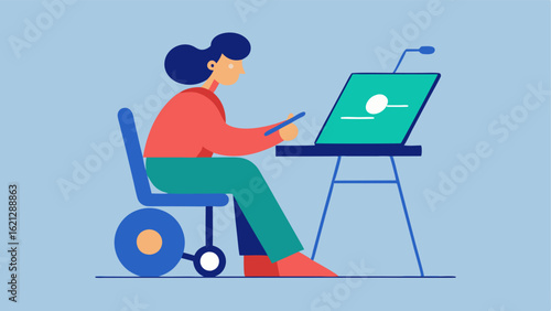 Creative Workspace An artist with a physical disability uses a touchscreen drawing tablet while seated in an adaptive chair showcasing their creativity through digital