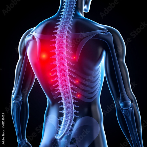 Anatomical view of human back with spine highlighted in red indicating pain points and inflammation areas created with generated ai