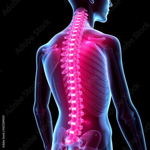 Anatomical illustration showing the human spine and ribcage with red and blue gradient on black background created with generated ai