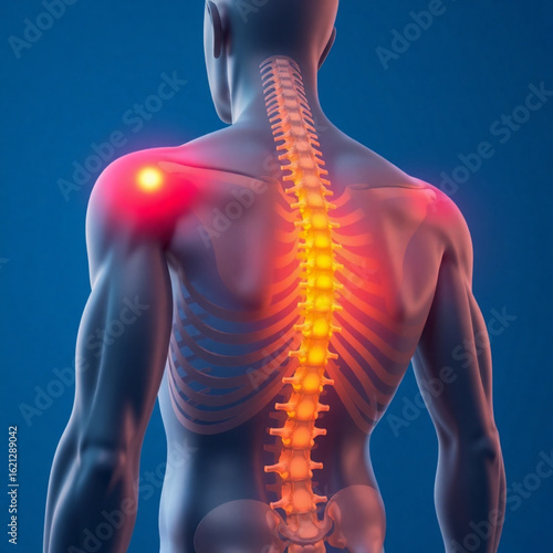 Anatomical back view of a human figure with highlighted spine and shoulder indicating pain or inflammation created with generated ai