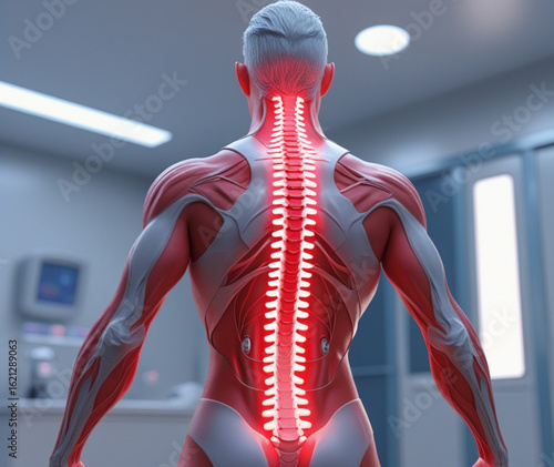 Rear view of a human body showing the spine highlighted in red with muscles and bones anatomy visible created with generated ai