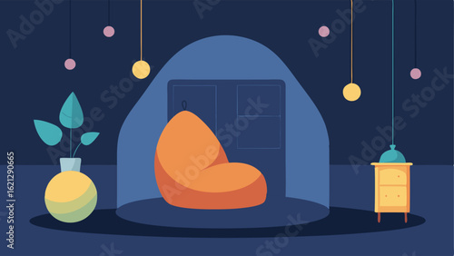 Calm Space A cozy corner with a bean bag soft pillows and gentle lighting depicting a safe haven for relaxation.