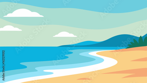 Calm Waters A serene beach scene depicting gentle waves and a peaceful atmosphere with a shaded area for individuals needing a sensory break.