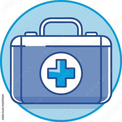 A blue medical first aid kit with a white cross symbol is depicted isolated on a white background.