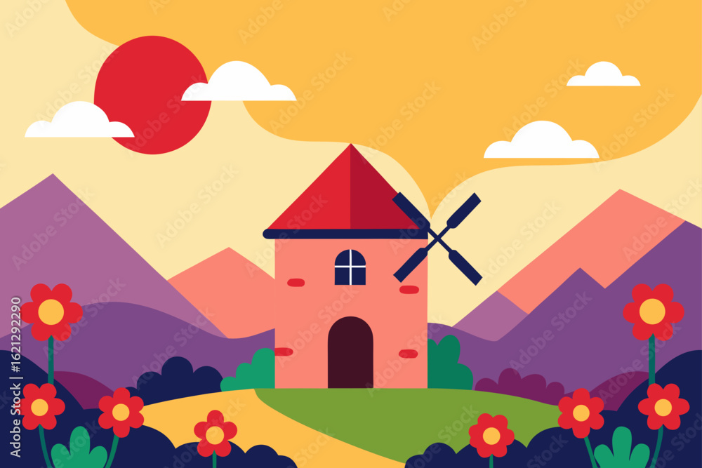 Fototapeta premium A charming vector illustration of a peaceful rural landscape with a castle and houses under a clear summer sky
