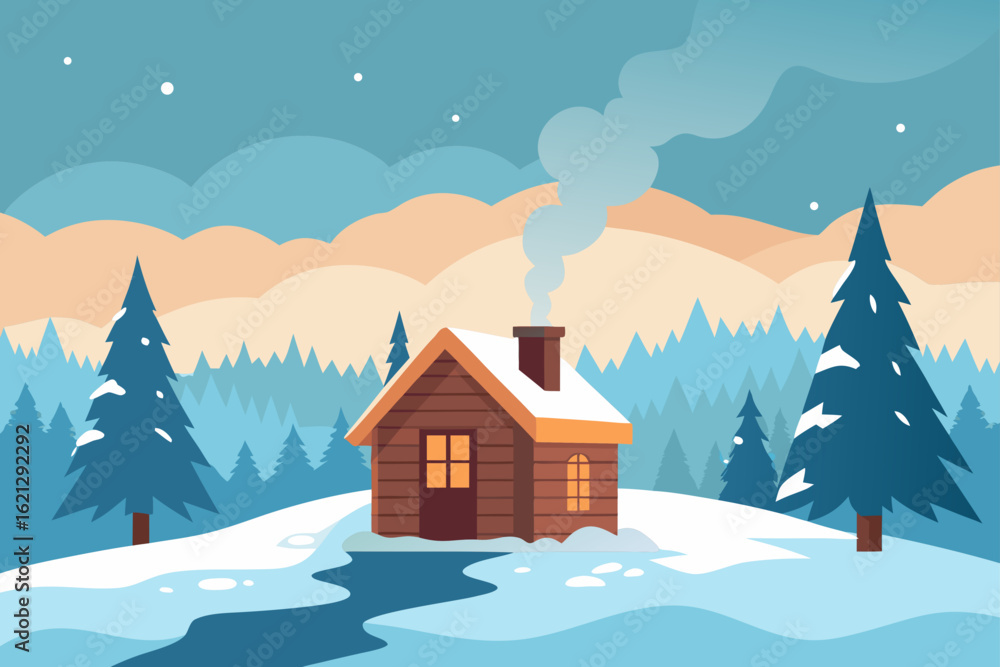 Fototapeta premium A beautiful winter landscape illustration with a cozy house and snow-covered mountains, perfect for a Christmas holiday card
