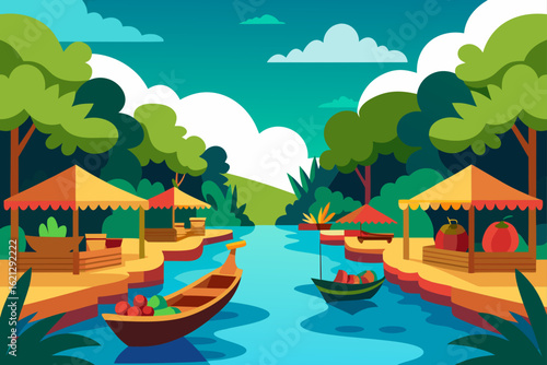 Tropical paradise island in the turquoise sea with a boat on the white sand beach and palm trees under a sunny sky