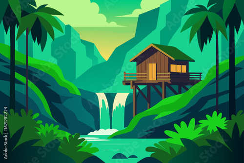 A vector illustration of a cozy country cottage with a lush garden, surrounded by a dense forest under a summer sky