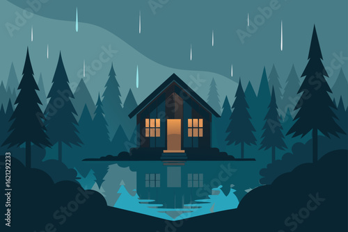 A beautiful winter night landscape with a cozy Christmas village house, trees, and snow
