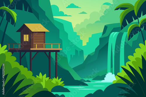 A quaint cartoon cottage with a red roof is nestled in a serene green landscape of trees under a summer sky