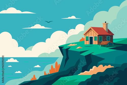 Landscape vector illustration of a village with houses on a hill, surrounded by mountains and trees under a cloudy sky